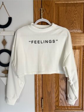 SHEIN White Cropped "FEELINGS" Crewneck Sweatshirt